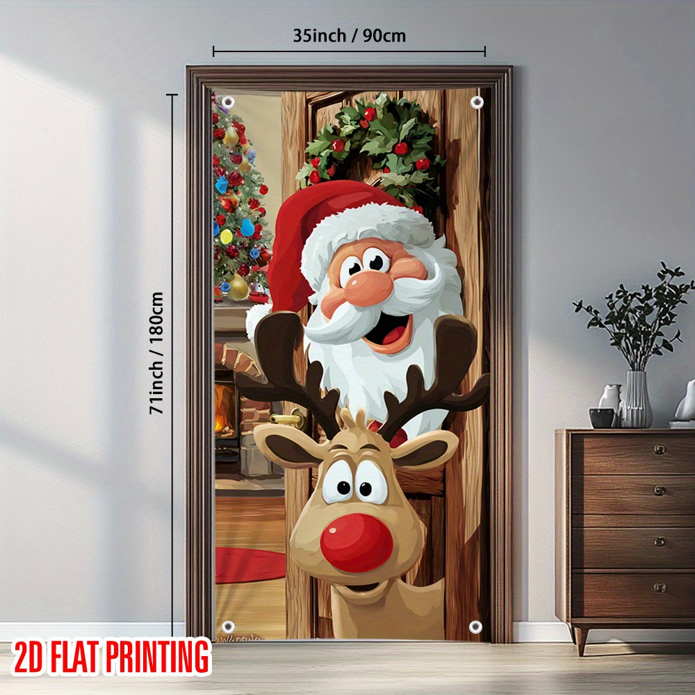 TEMU 2d Flat, 2d Door Banner, 1pc Holiday Santa Claus And Reindeer Peeking Door Banner - 35x71 Inches 90x180cm - Festive Christmas Design Featuring A