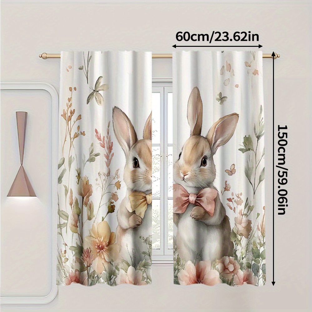 TEMU Set Of 2, Flat Printed Polyester Fabric, High-definition Featuring Adorable Easter Rabbits, Suitable For Filtering Light In Study Areas, Kids'