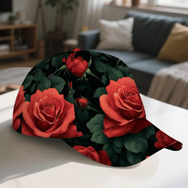 TEMU 1pc Valentine Roses Print Classic Baseball - Adjustable, Comfortable Duckbill Hat With Vibrant Red Roses & Green , Casual Attire, Family , And