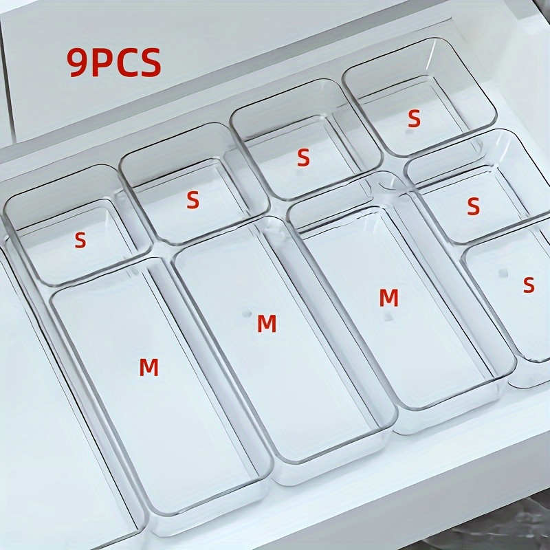 Image of 9pcs Transparent Acrylic Drawer And Desktop Organizer Set, Cosmetic Storage Box With Built-in Dividers, Desk Stationery Holder, Desk & Drawer Organizer For Home Storage
