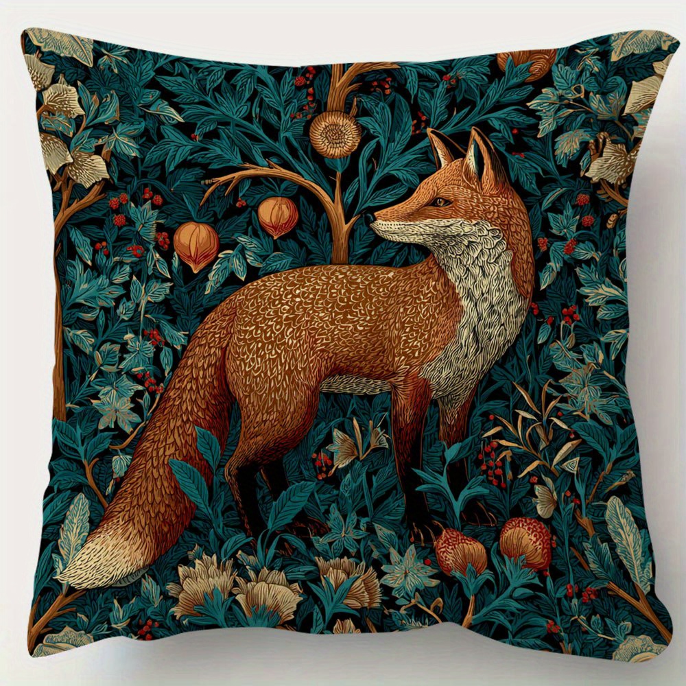 TEMU 1pc Vintage Forest Fox Pillow Cover Of William , Made Of Soft Short Plush Fabric, Double-sided Printing, Hidden Zipper, Machine Washable, Pillow
