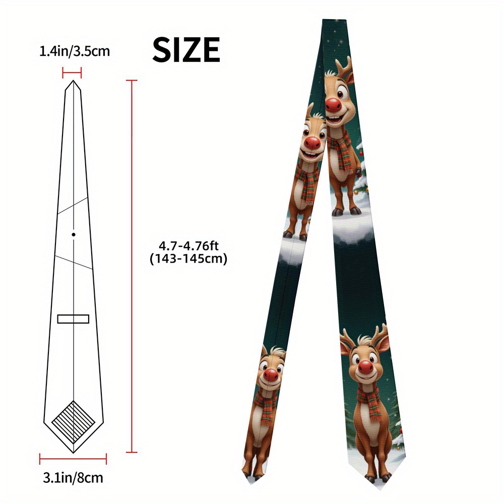TEMU 1pc Christmas Reindeer Tie - Cute Cartoon Reindeer In Festive /greens - Necktie For - Holiday Party, Office, Funeral, New Year's Eve - Machine