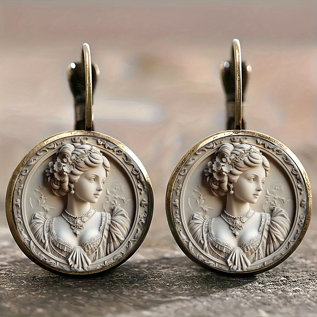 TEMU Alloy Retro Round Earrings, Baroque Style Relief, Exquisite Female Portrait Retro Earrings, Light Additions, Easy And Fashionable Style, Daily