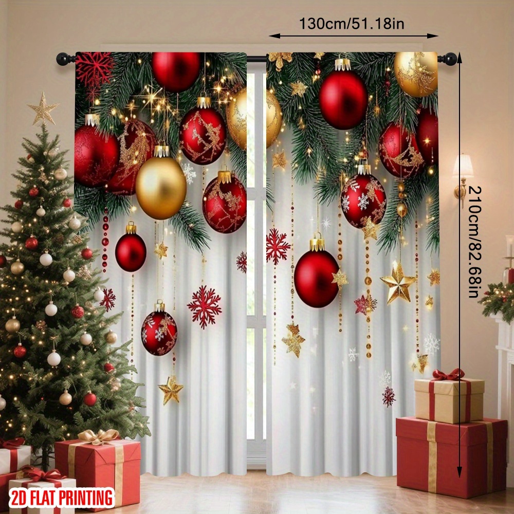 TEMU 2D Plat - Ensemble de deux rideaux de Noël 2D imprimés avec des ornements rouges et dorés, des branches de pin et des de neige, fabriqués en