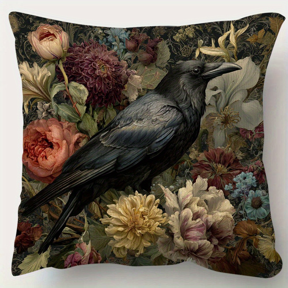 TEMU 1 housse de coussin décorative courte en peluche double face représentant de Poe avec des floraux et d'art gothique, mesurant 18 pouces par 18