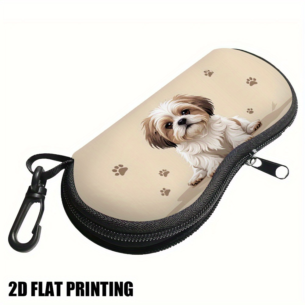 TEMU 2d Flat, 1pc,2d Flat - Cute Shih Tzu 2d Flat Printed Glasses Case - Beige & Design, Zippered Compact Case For , Stylish Everyday Commute