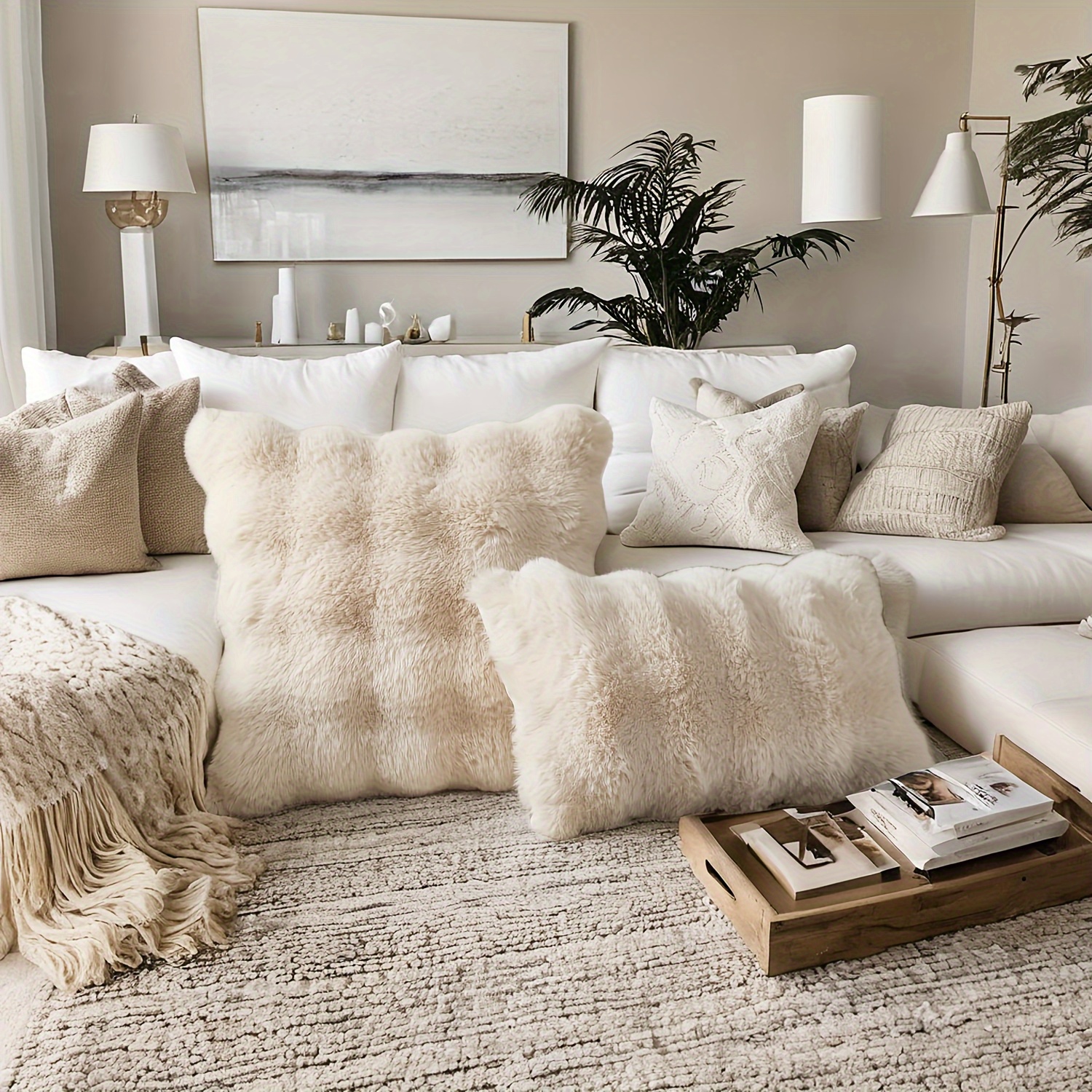 set of square fur pillow and pillowcase| lamb wool