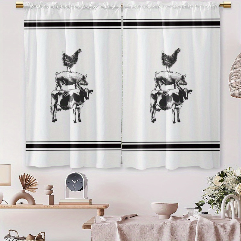 2pcs farm animal black and white pattern country style   small curtains kitchen curtains bedroom short curtains home decor suitable for country   and farmhouse themed spaces