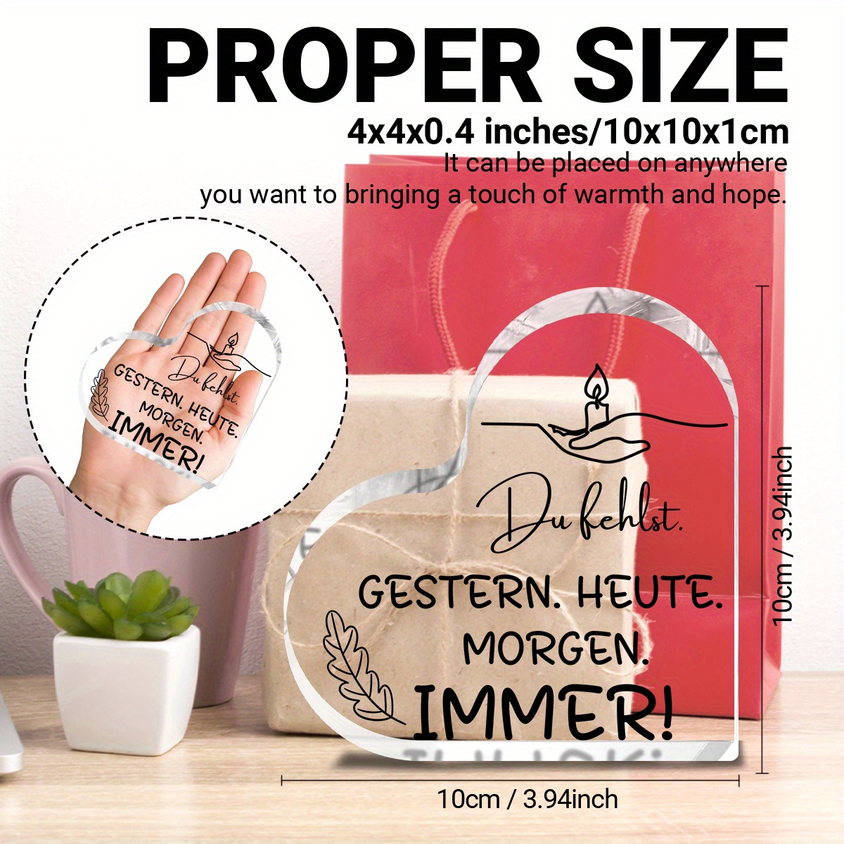 E-shop 2D Flach, Herzförmiger Gedenkstein-ähnlicher Deutscher Liebesbrief-Schild - Zweisprachig Englisch/Deutsch "Ich Vermisse Dich" Trauergeschenk,