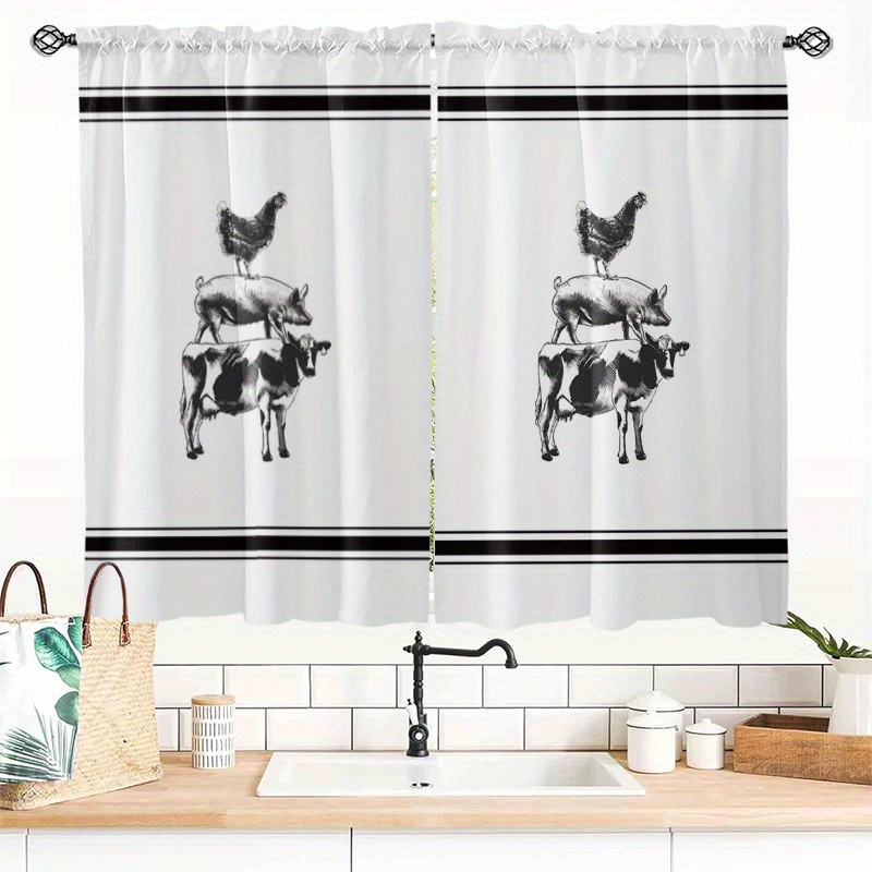 item picture 2pcs farm animal black and white pattern country style   small curtains kitchen curtains bedroom short curtains home decor suitable for country   and farmhouse themed spaces