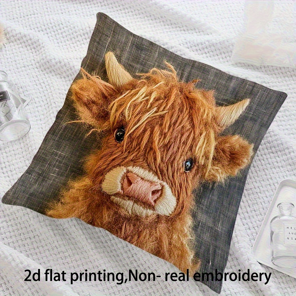 TEMU 1pc Cute Highland Cow 2d Printed Pillowcase - Soft Polyester, Zippered, Machine Washable - Adorable Beige Cow Pattern, Suitable For Bedroom And