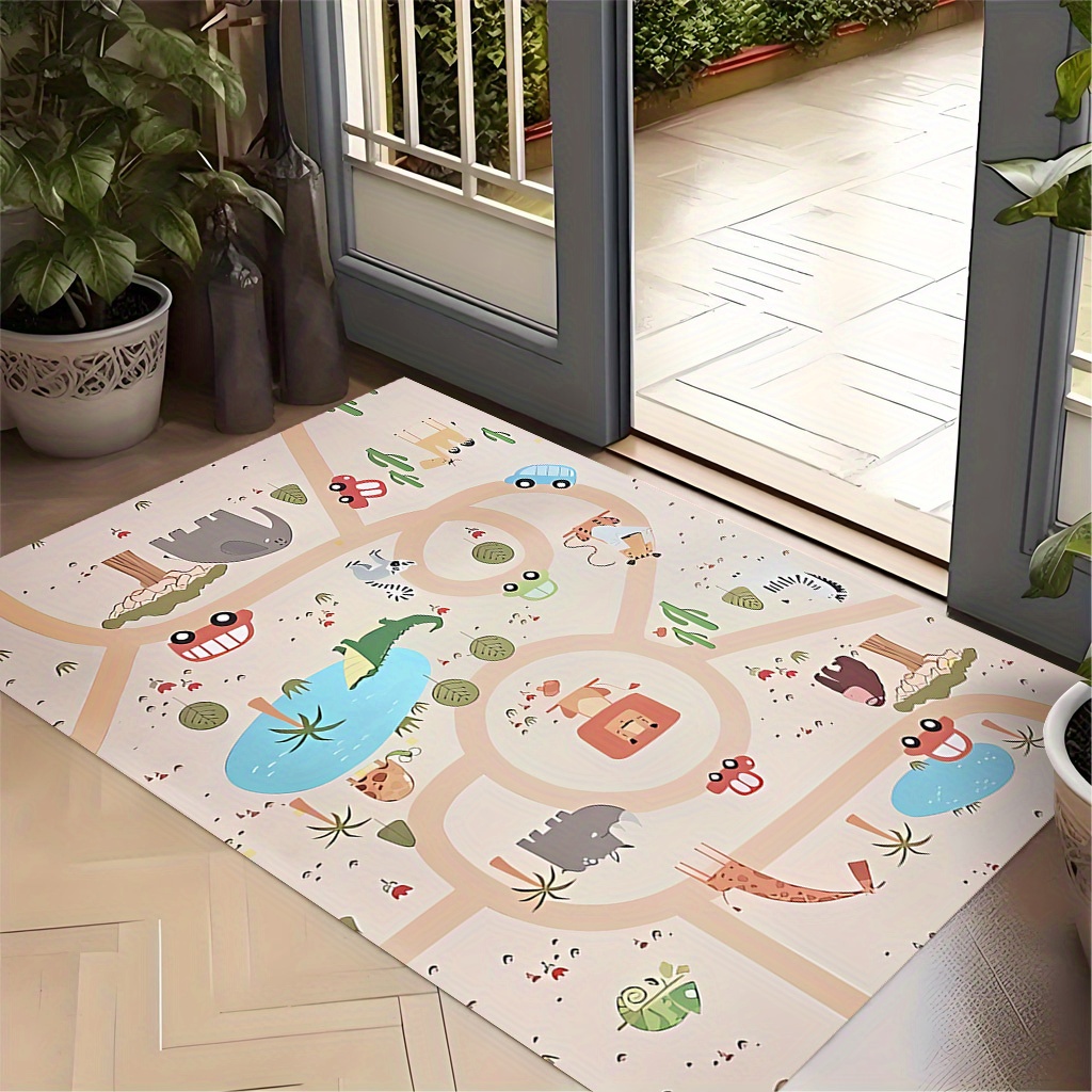 happy   floor mat jungle animals   beige large area rug machine washable for classroom playroom decor suitable for rooms playroom mats   animal print soft texture home decor