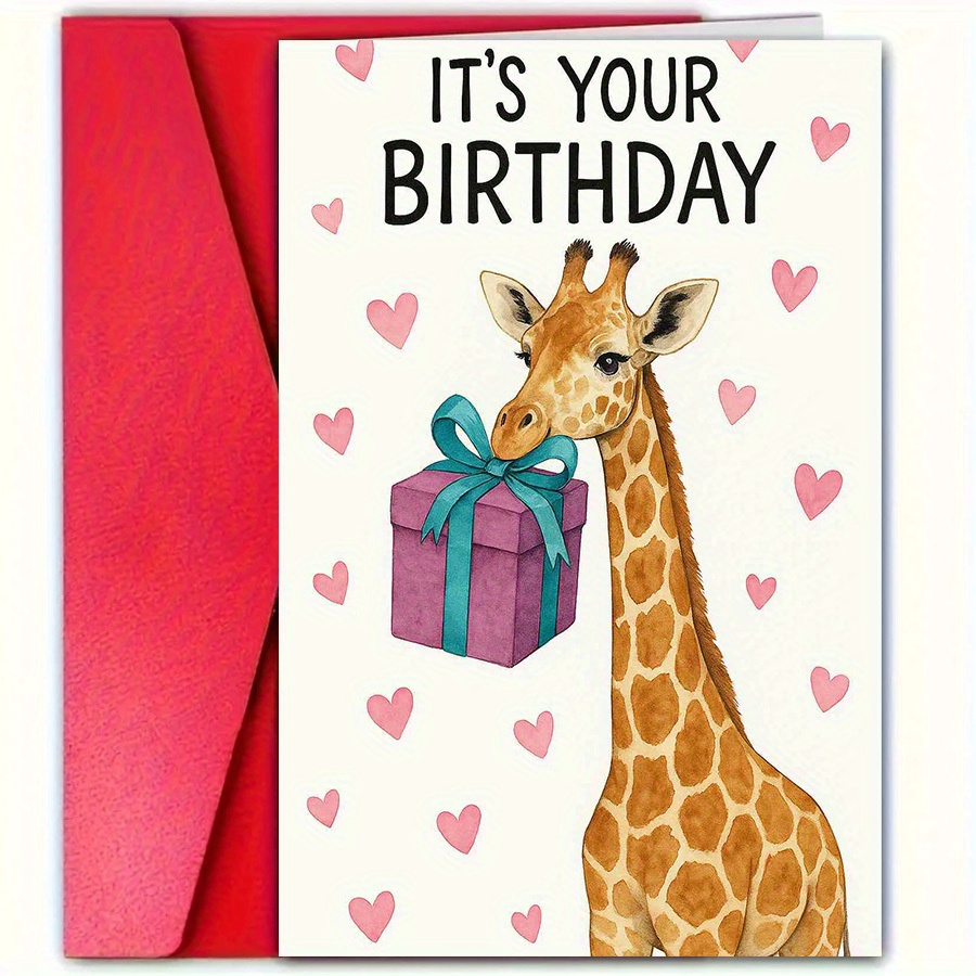 TEMU 1 Adorable Giraffe Birthday Card With A Gift And Heart-shaped Pattern, Suitable For , Family, Couples, And . A Perfect Item For Birthday Party