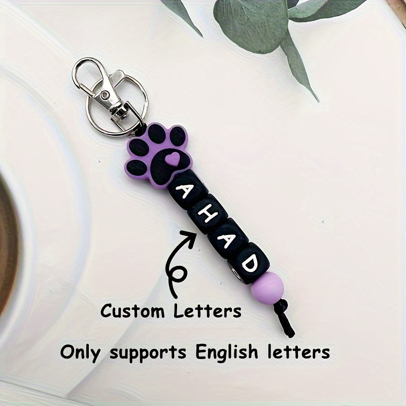 TEMU [customizable] 1pc Silicone Bead Keychain With Customizable Name, Dog Paw Pattern Letters - Women's Personalized Anti-loss Accessory, Colorful