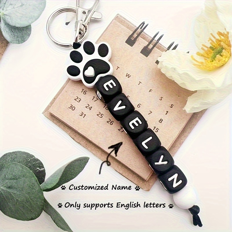TEMU [customizable] 1pc Silicone Bead Keychain With Customizable Name, Dog Paw Pattern Letters - Women's Personalized Anti-loss Accessory, Colorful