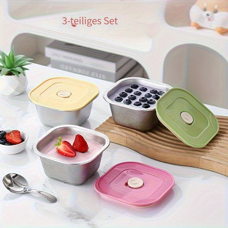 3er-Set Eisbecher * für selbstgemachtes Eis, SUS304 Edelstahl, 11,48 cm, versiegeltes Deckel, wiederverwendbare Gefrierbox, Frischhaltebox * Bento-Box, Dessertbox, Puddingbecher, Löffel, Set