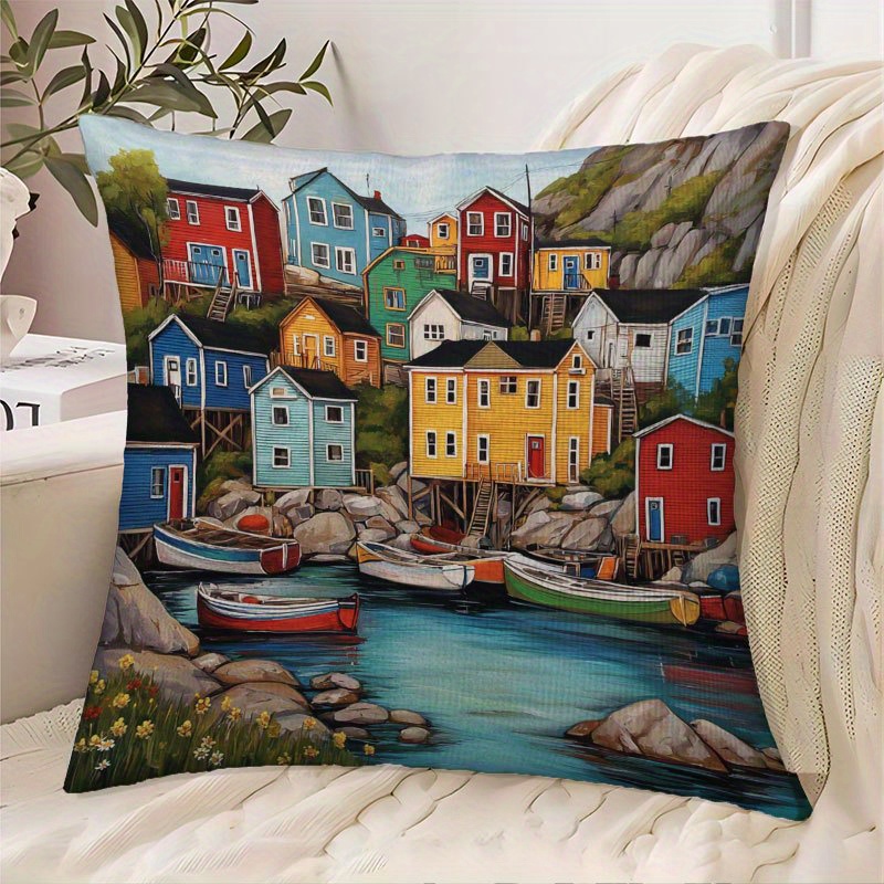TEMU 1pc Pillowcase - Historic Labrador With Colorful Houses And Boats Scene - 18x18 Inch Decorative Cushion Cover, Suitable For Living Room, Bedroom