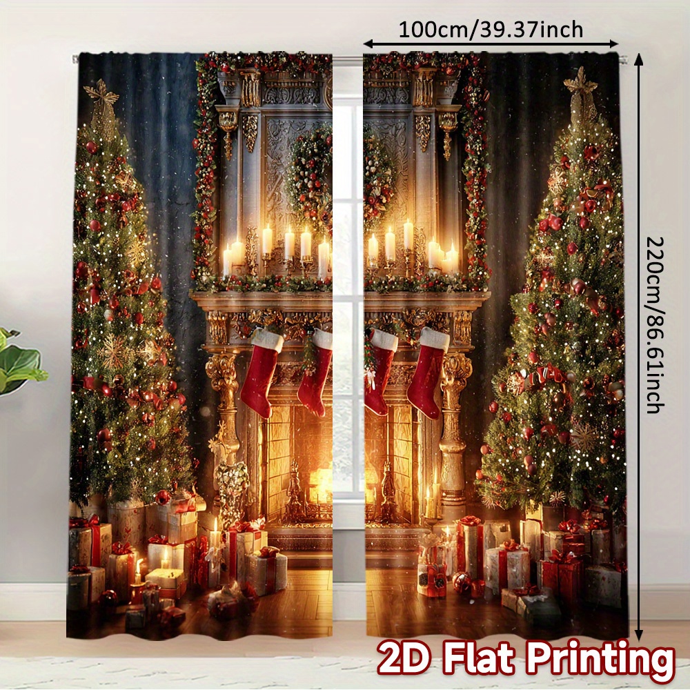 TEMU 2d Flat - 2d Flat - Set Of 2, Festive Christmas Curtains Featuring 2d Flat Printing, Perfect For A Warm And Romantic Atmosphere . Chic Fabric