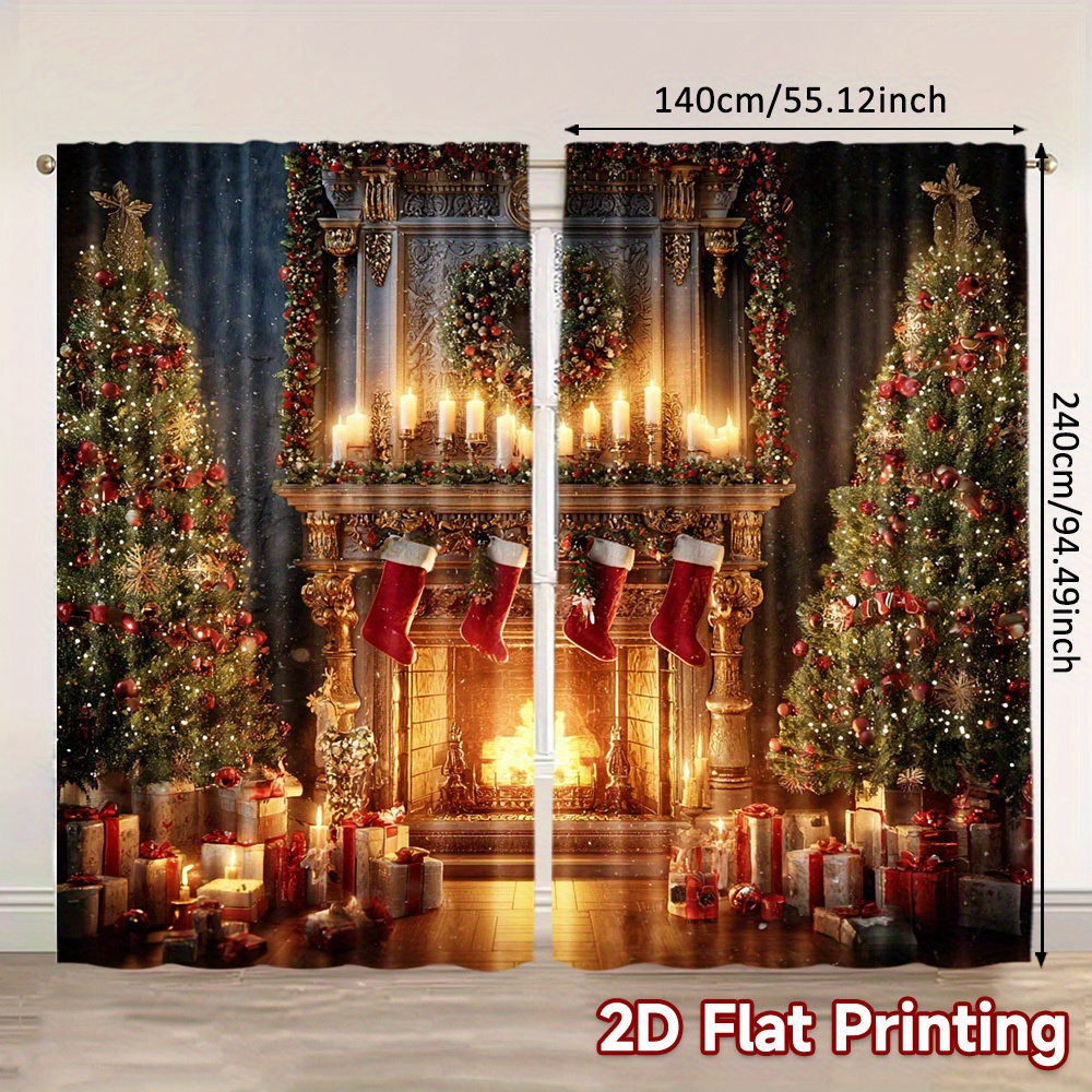 TEMU 2d Flat - 2d Flat - Set Of 2, Festive Christmas Curtains Featuring 2d Flat Printing, Perfect For A Warm And Romantic Atmosphere . Chic Fabric