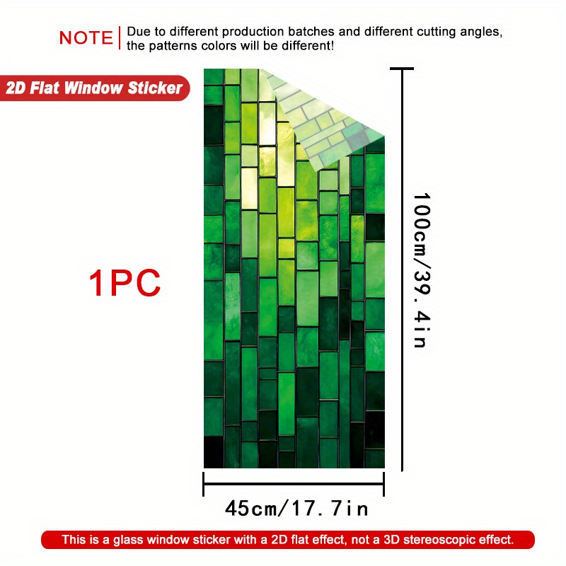 TEMU 1pc Green Rectangles Abstract Art Design 2d Flat Window Sticker, Removable Privacy Decorative Film, Electrostatic Adhesive-free Heat-resistant
