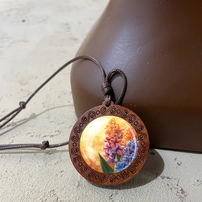 Boho Chic Wooden Windflower Pendant Necklace with Adjustable Cord