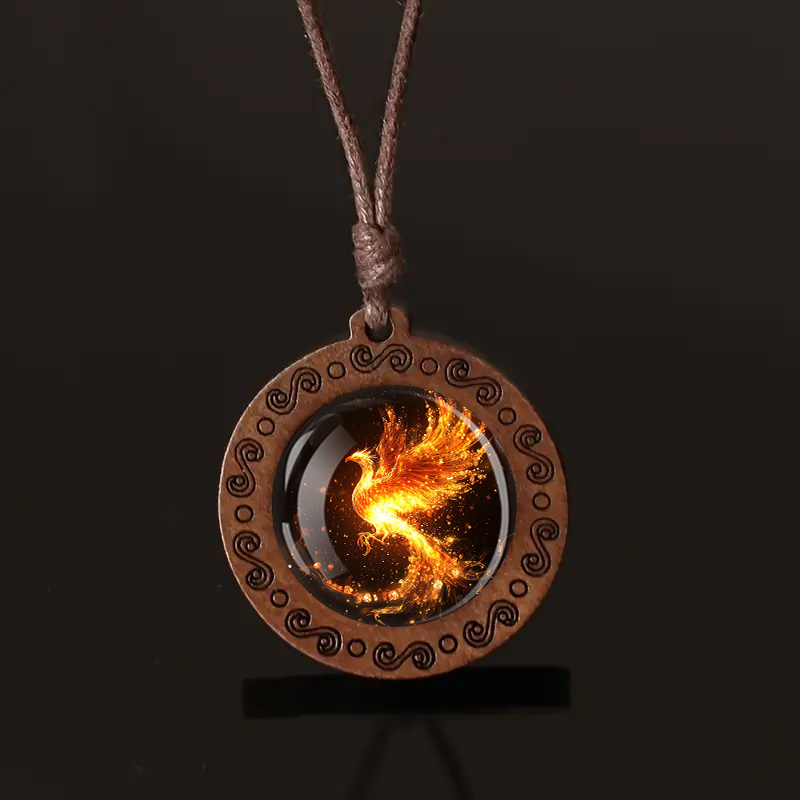 Fire Phoenix Wooden Pendant Necklace, Vintage Boho Style