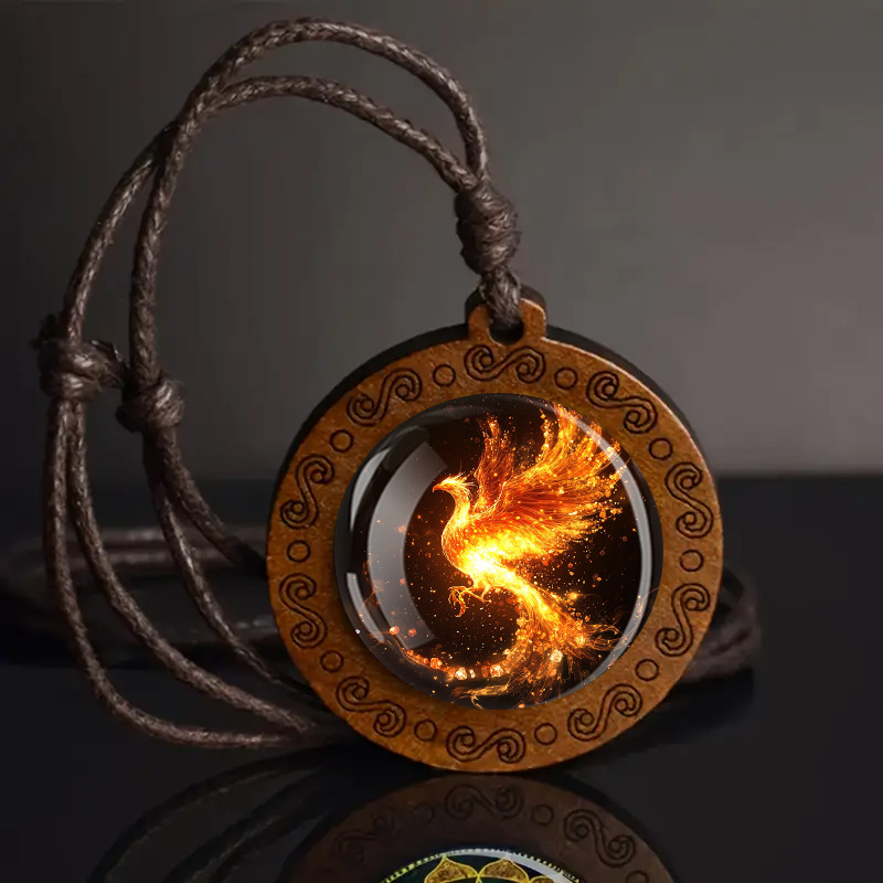 Image of Adjustable Fire Phoenix Wooden Pendant Necklace - Vintage Boho Style, Glass Mosaic, Ideal For Daily Wear & Gifting, Accessory, Daily Wear Necklace|vintage Boho Style|adjustable Strap, Phoenix Jewelry
