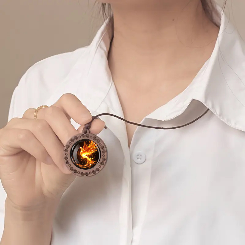 Fire Phoenix Wooden Pendant Necklace, Vintage Boho Style