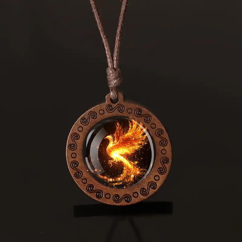 Fire Phoenix Wooden Pendant Necklace, Vintage Boho Style