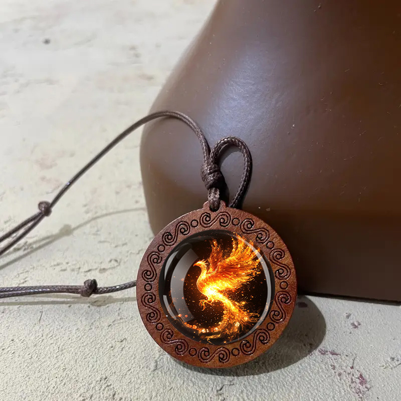 Fire Phoenix Wooden Pendant Necklace, Vintage Boho Style