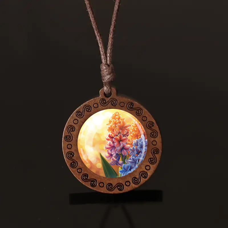 Boho Chic Wooden Windflower Pendant Necklace with Adjustable Cord
