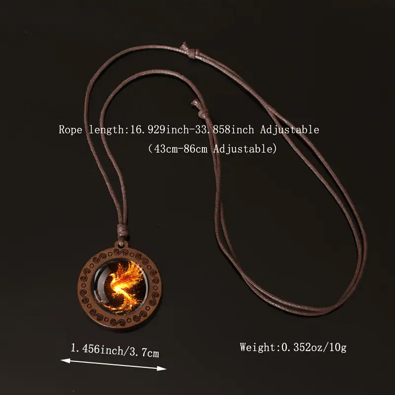 Fire Phoenix Wooden Pendant Necklace, Vintage Boho Style