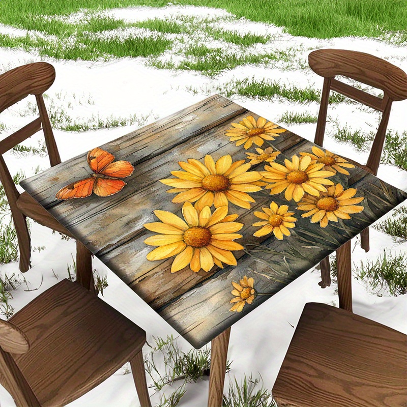 TEMU 1pc Tovaglia Elasticizzata Quadrata, Gialle su Legno con Tessuto in Poliestere da 36 x 36 Pollici con Bordo per Cucina Sala da Patio Picnic di