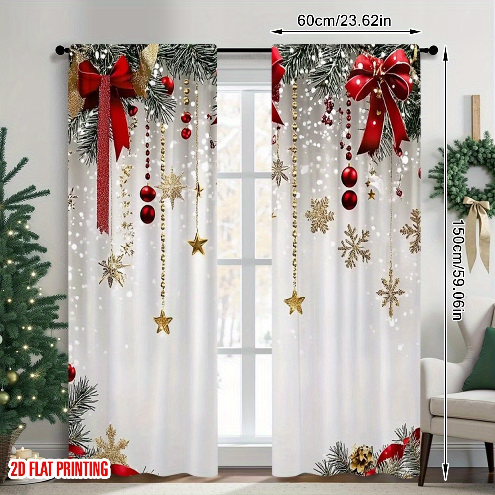 TEMU 2d Flat Printing 2pcs Merry Christmas Drapes Red Bow Fabric Without Electricity Use For Booths Studio Props