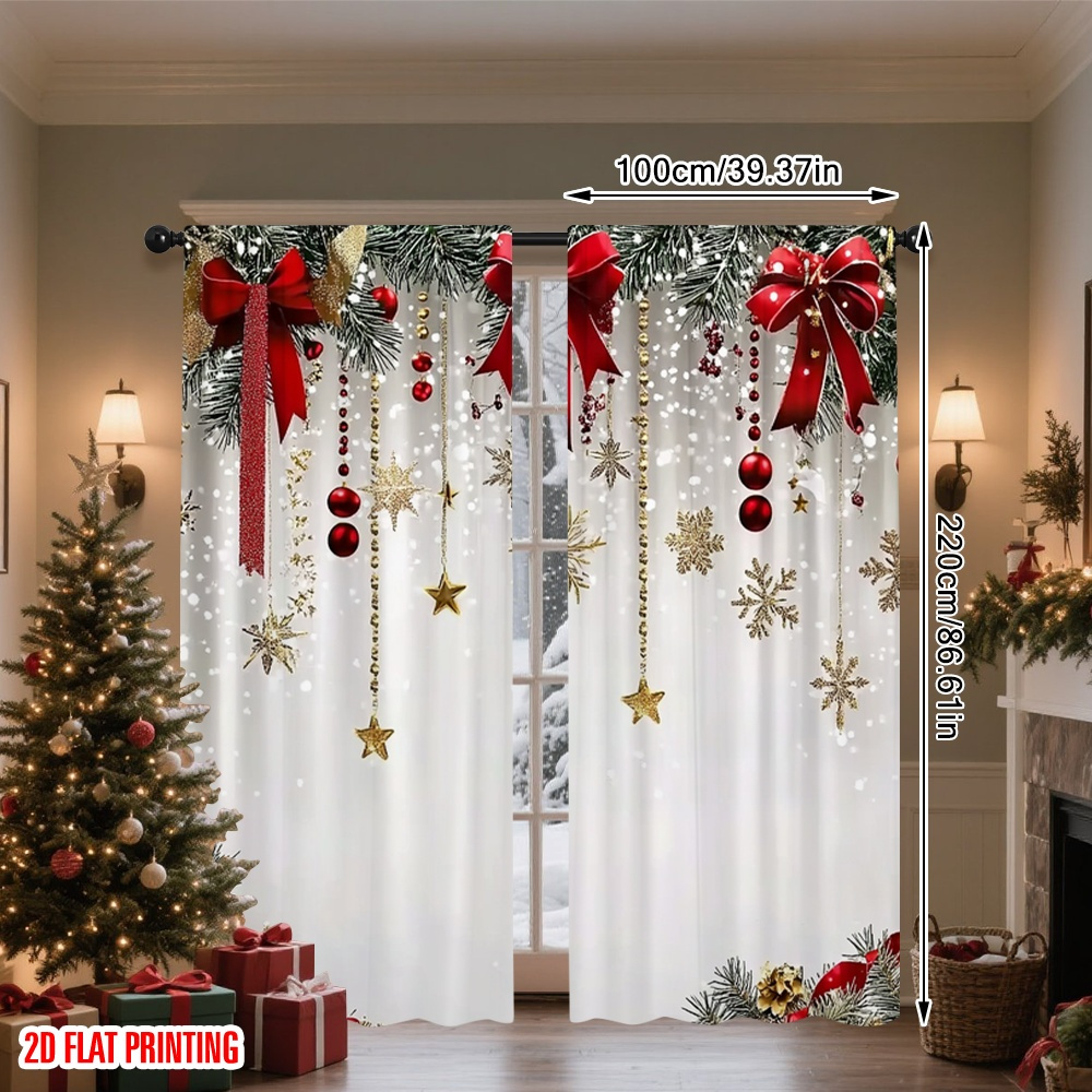 2d Flat Printing 2pcs Merry Christmas Drapes Red Bow Fabric Without Electricity Use For Booths Studio Props