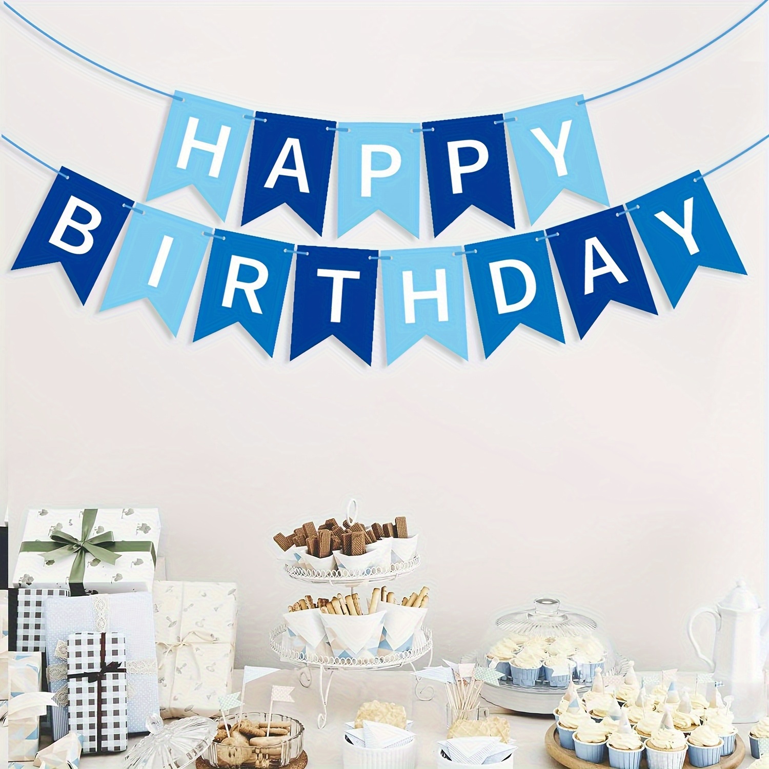 Happy Birthday Banner Mit Blauem Hintergrund - 180x110 Cm, Mit Seil, Für Fotohintergrund & Partydeko