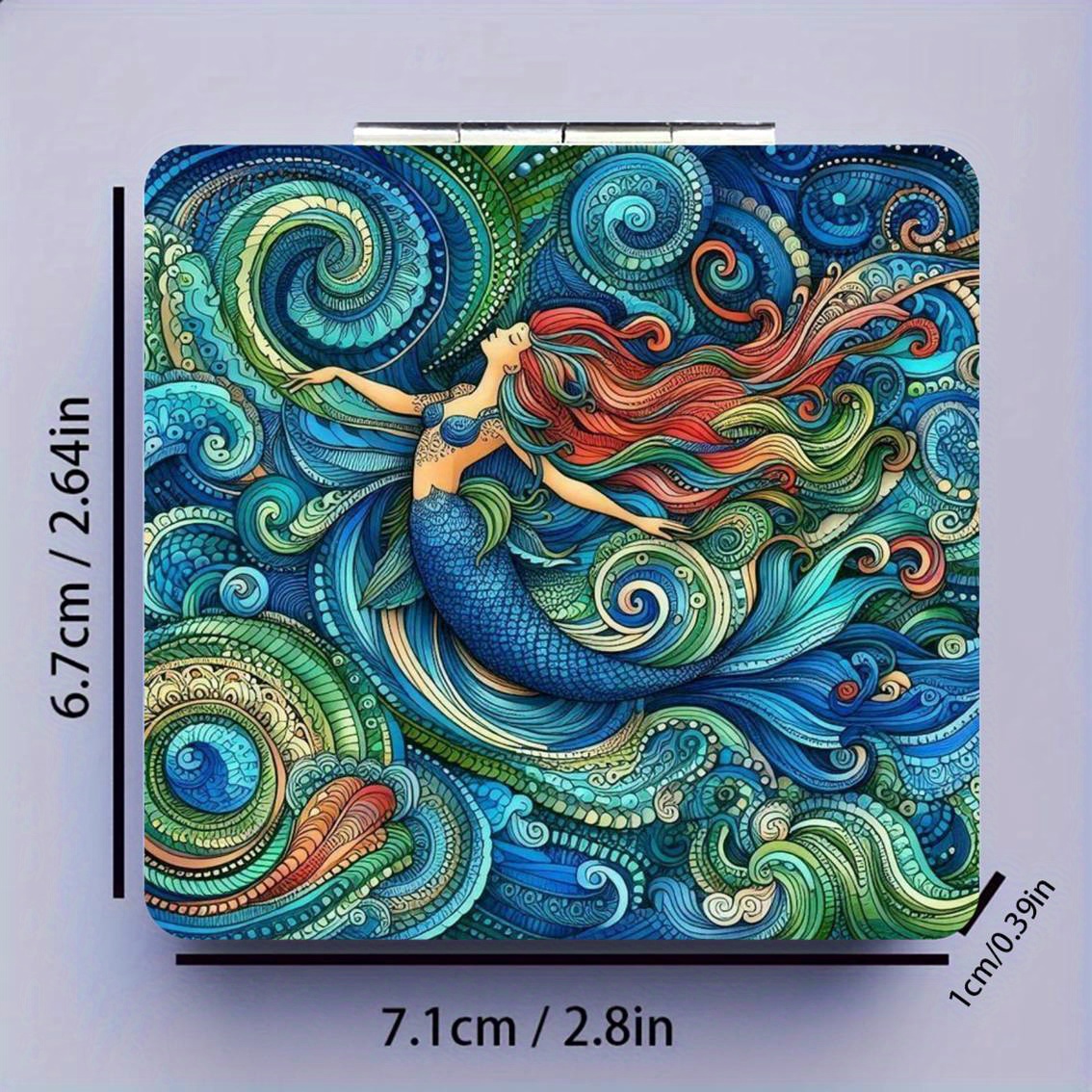 TEMU Beautiful Mermaid In Ocean Waves Fashionable Series Of Square Makeup Mirrors, Foldable Handheld Mirror, Powdercoated Glass Surface,