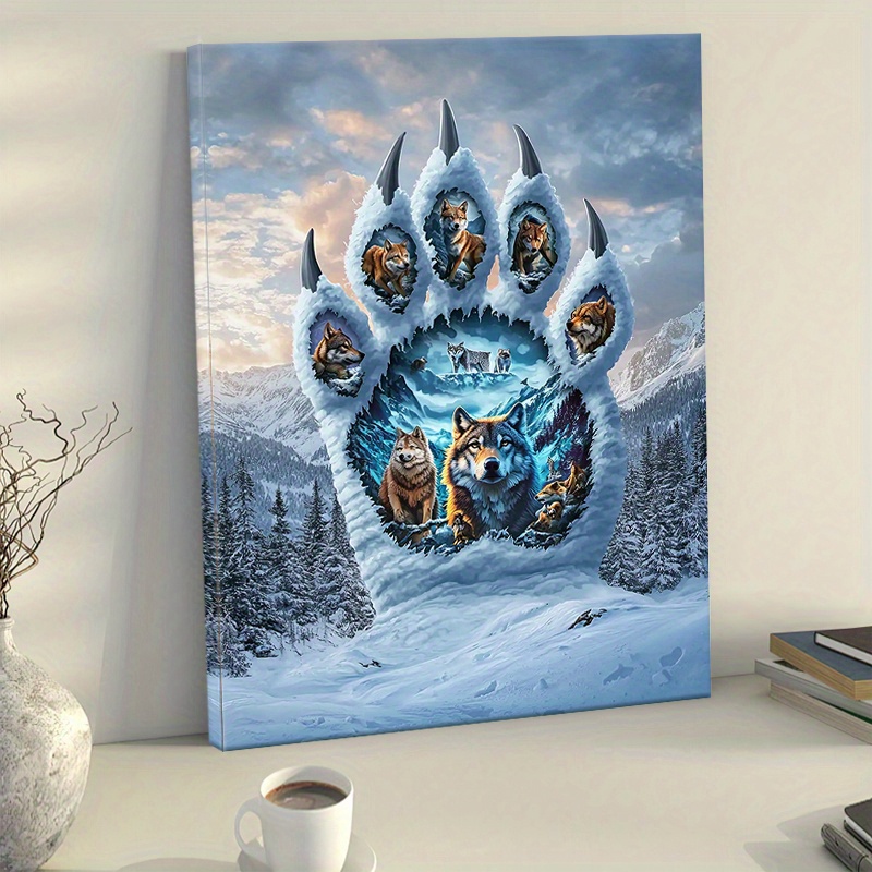 TEMU 1pc sur Toile Encadré en Bois - Paysage de Loup avec Empreintes de Pattes Enneigées, Décoration de Loup , Cadre en Toile Tendue - Art Mural pour