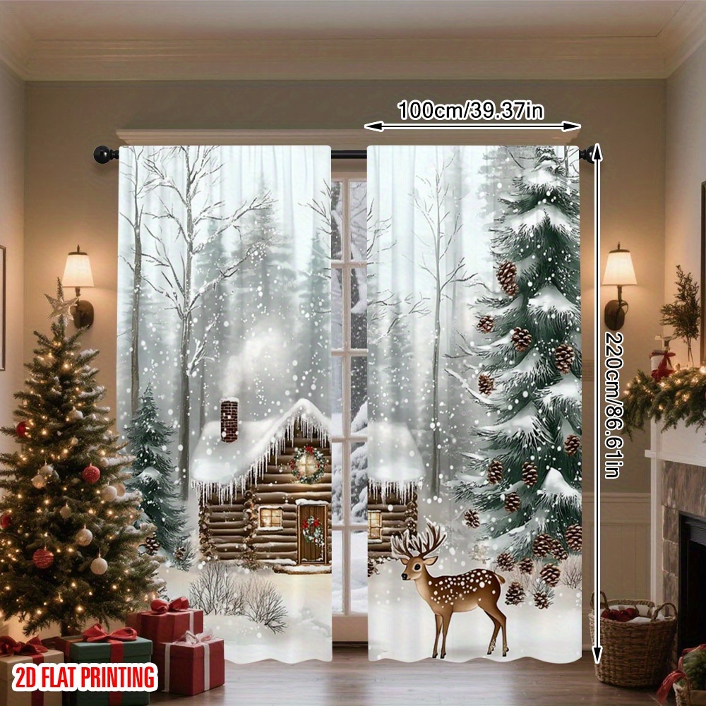 TEMU 2pcs 2d Flat Printing Merry Christmas Scene Curtains And Deer Christmas Versatile 100% Polyester Without Electricity Perfect For Bedroom Living