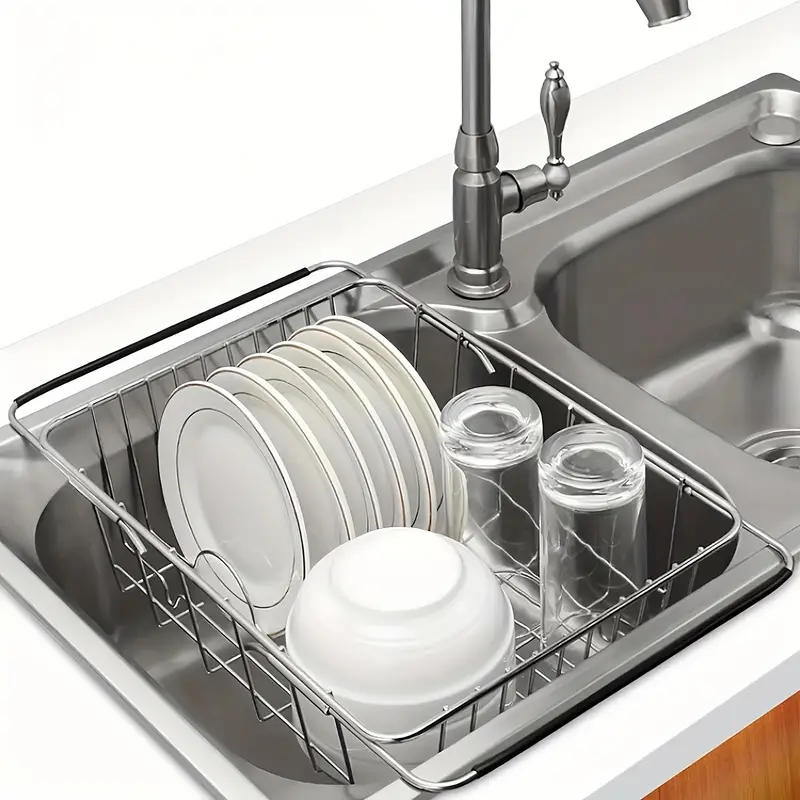 stainless steel drain basket 3 in 1 expandable dish drying rack for sink counter table rust resistant 304 steel multi purpose tableware organizer for plates bowls mugs cutlery Product details 1