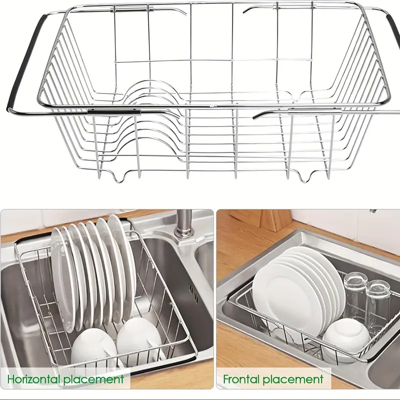 stainless steel drain basket 3 in 1 expandable dish drying rack for sink counter table rust resistant 304 steel multi purpose tableware organizer for plates bowls mugs cutlery Product details 3