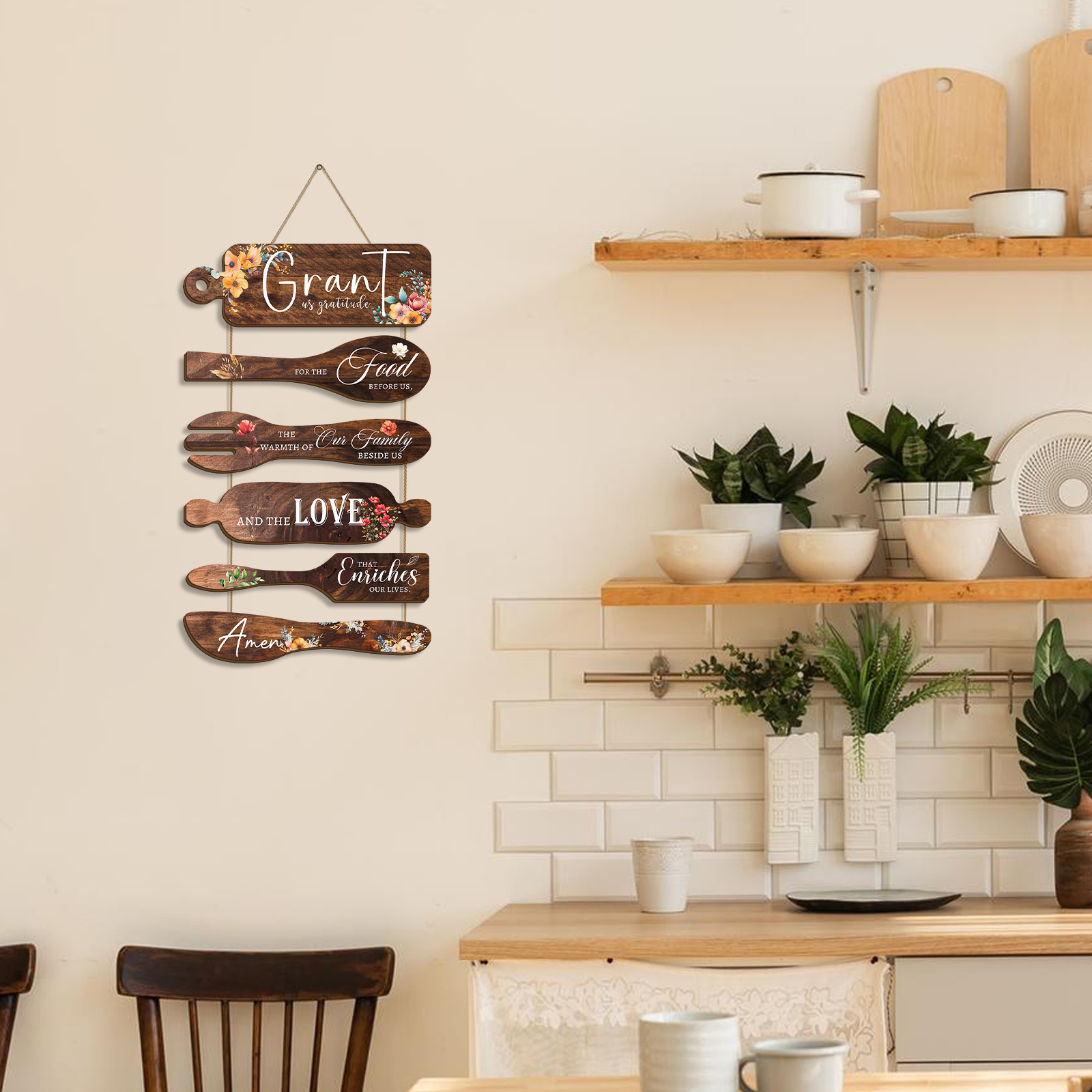 Bless the Food Before Us - Rustic Farmhouse Kitchen and Dining Room Wall Decor - Brown Wood Grain Floral Hanging Sign with Gratitude Quotes, Irregularly Shaped Wooden Artwork, Suitable for Thanksgiving, Christmas, Weddings - No Electricity Needed