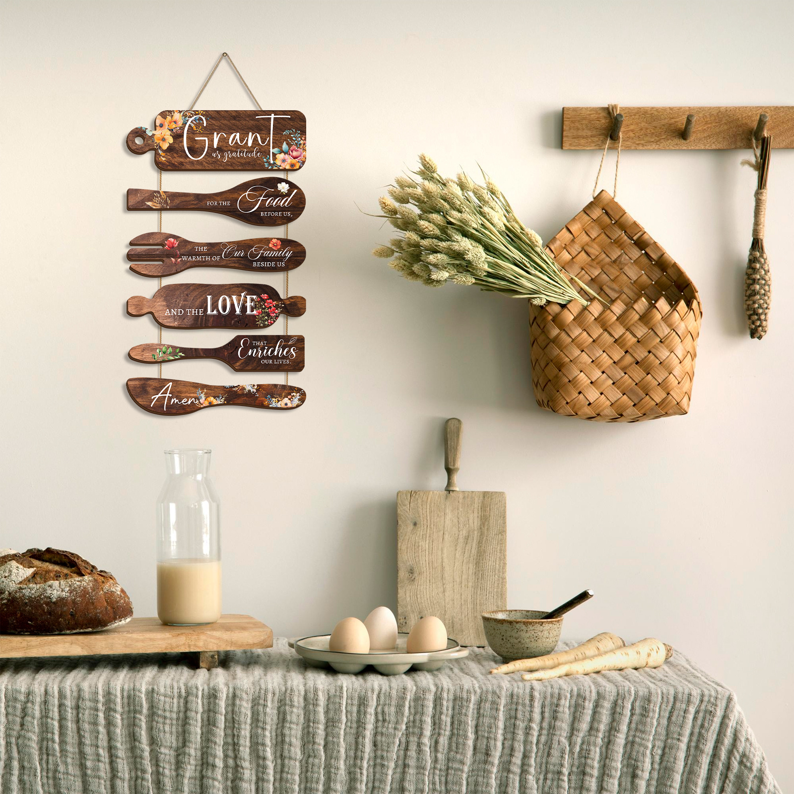 Bless the Food Before Us - Rustic Farmhouse Kitchen and Dining Room Wall Decor - Brown Wood Grain Floral Hanging Sign with Gratitude Quotes, Irregularly Shaped Wooden Artwork, Suitable for Thanksgiving, Christmas, Weddings - No Electricity Needed
