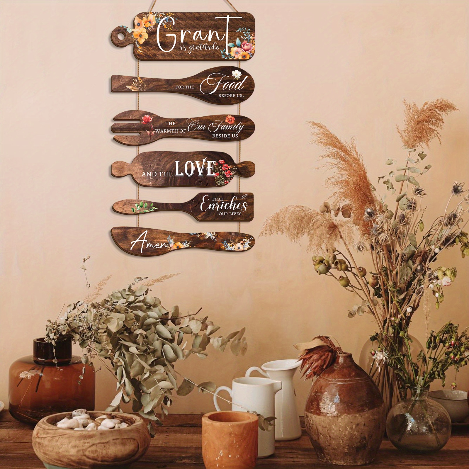 Bless the Food Before Us - Rustic Farmhouse Kitchen and Dining Room Wall Decor - Brown Wood Grain Floral Hanging Sign with Gratitude Quotes, Irregularly Shaped Wooden Artwork, Suitable for Thanksgiving, Christmas, Weddings - No Electricity Needed