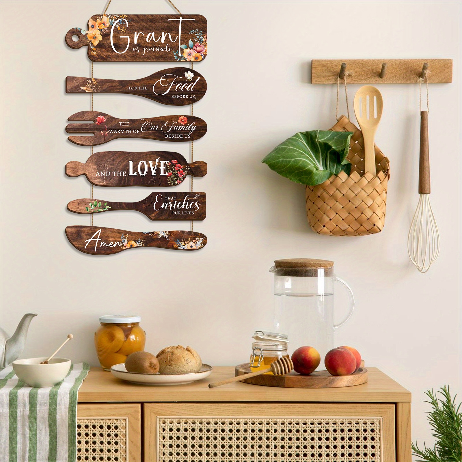 Bless the Food Before Us - Rustic Farmhouse Kitchen and Dining Room Wall Decor - Brown Wood Grain Floral Hanging Sign with Gratitude Quotes, Irregularly Shaped Wooden Artwork, Suitable for Thanksgiving, Christmas, Weddings - No Electricity Needed