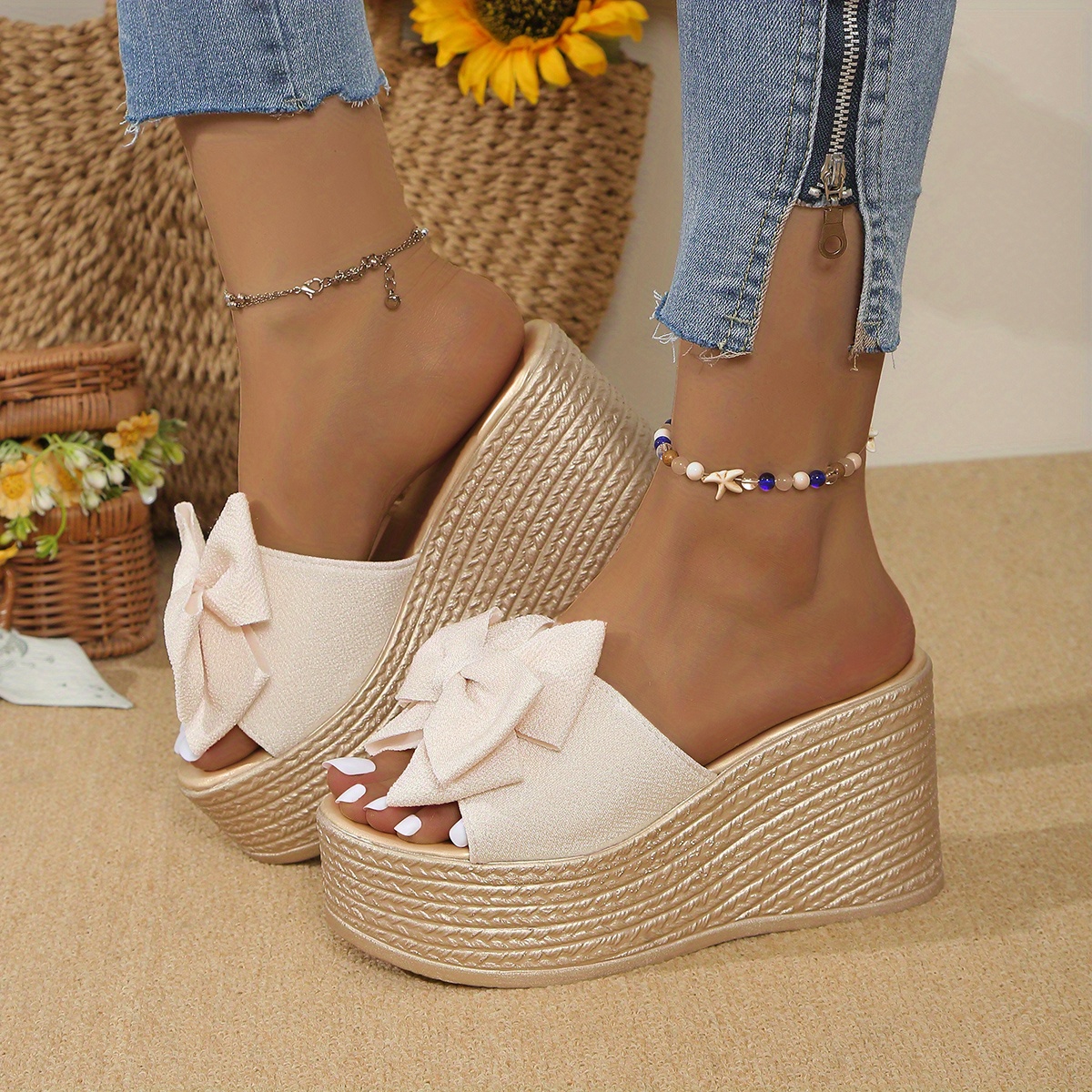 womens bow wedge sandals summer open toe slip Temu - Main Image