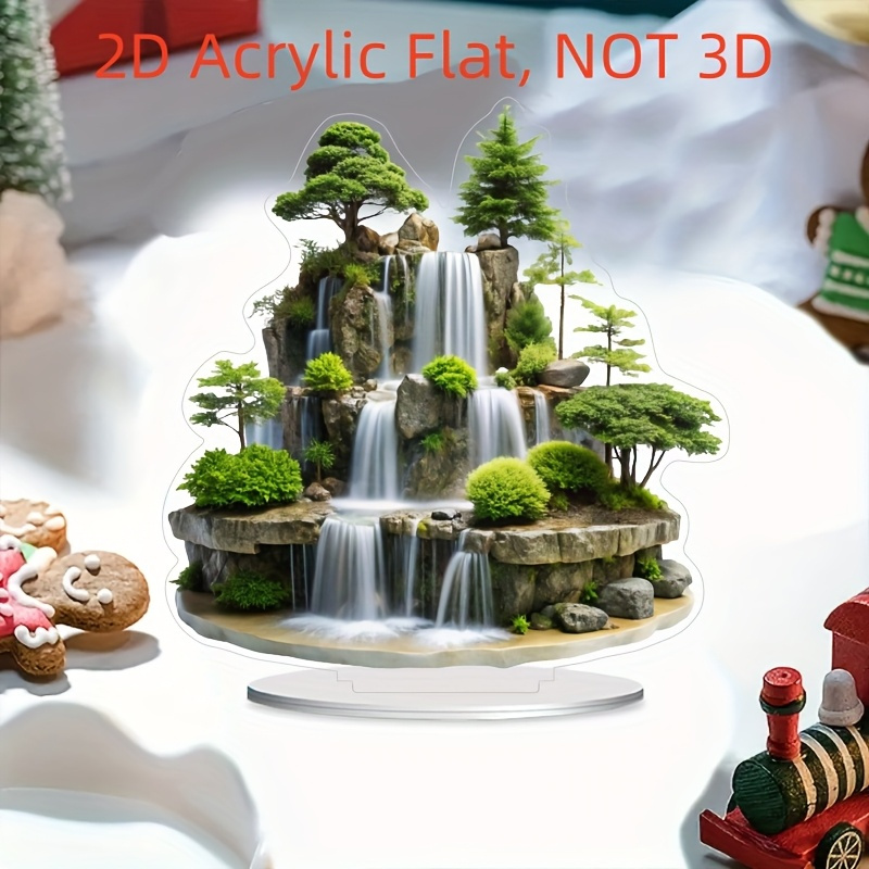 [2D Flat] 2D Acrylic Flat, Mountain Waterfall Landscape Desktop Decor - Realistic 3D Effect, No Battery Needed, Ideal for Home, Office, Cafe - Perfect Gift for Birthdays & New Home Decorations, Office Decoration | Serene Landscape | Detailed Craftsmanship, Waterfall Decor