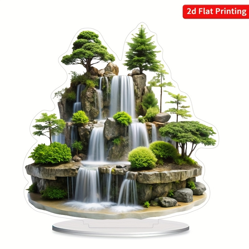 [2D Flat] 2D Acrylic Flat, Mountain Waterfall Landscape Desktop Decor - Realistic 3D Effect, No Battery Needed, Ideal for Home, Office, Cafe - Perfect Gift for Birthdays & New Home Decorations, Office Decoration | Serene Landscape | Detailed Craftsmanship, Waterfall Decor