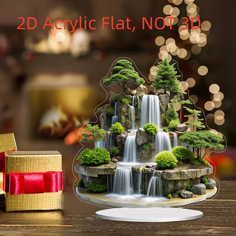 [2D Flat] 2D Acrylic Flat, Mountain Waterfall Landscape Desktop Decor - Realistic 3D Effect, No Battery Needed, Ideal for Home, Office, Cafe - Perfect Gift for Birthdays & New Home Decorations, Office Decoration | Serene Landscape | Detailed Craftsmanship, Waterfall Decor