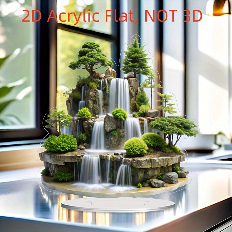 [2D Flat] 2D Acrylic Flat, Mountain Waterfall Landscape Desktop Decor - Realistic 3D Effect, No Battery Needed, Ideal for Home, Office, Cafe - Perfect Gift for Birthdays & New Home Decorations, Office Decoration | Serene Landscape | Detailed Craftsmanship, Waterfall Decor